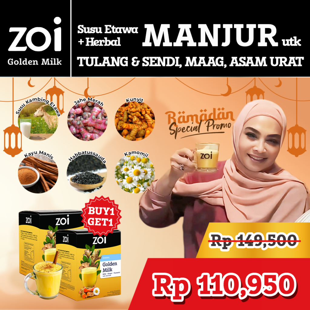 

[ZOI x Mama Rieta] Beli 1 Box Dapat 2 Box Zoi Golden Milk Susu Herbal Susu Sehat Susu Kambing, Jahe dan Kunyit Isi 20 Sachet