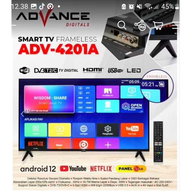 (FREE BUBBLE WRAP) TV Digital / Advance Android TV LED 42 Inch ADV-4201A Smart TV Digital Frameless