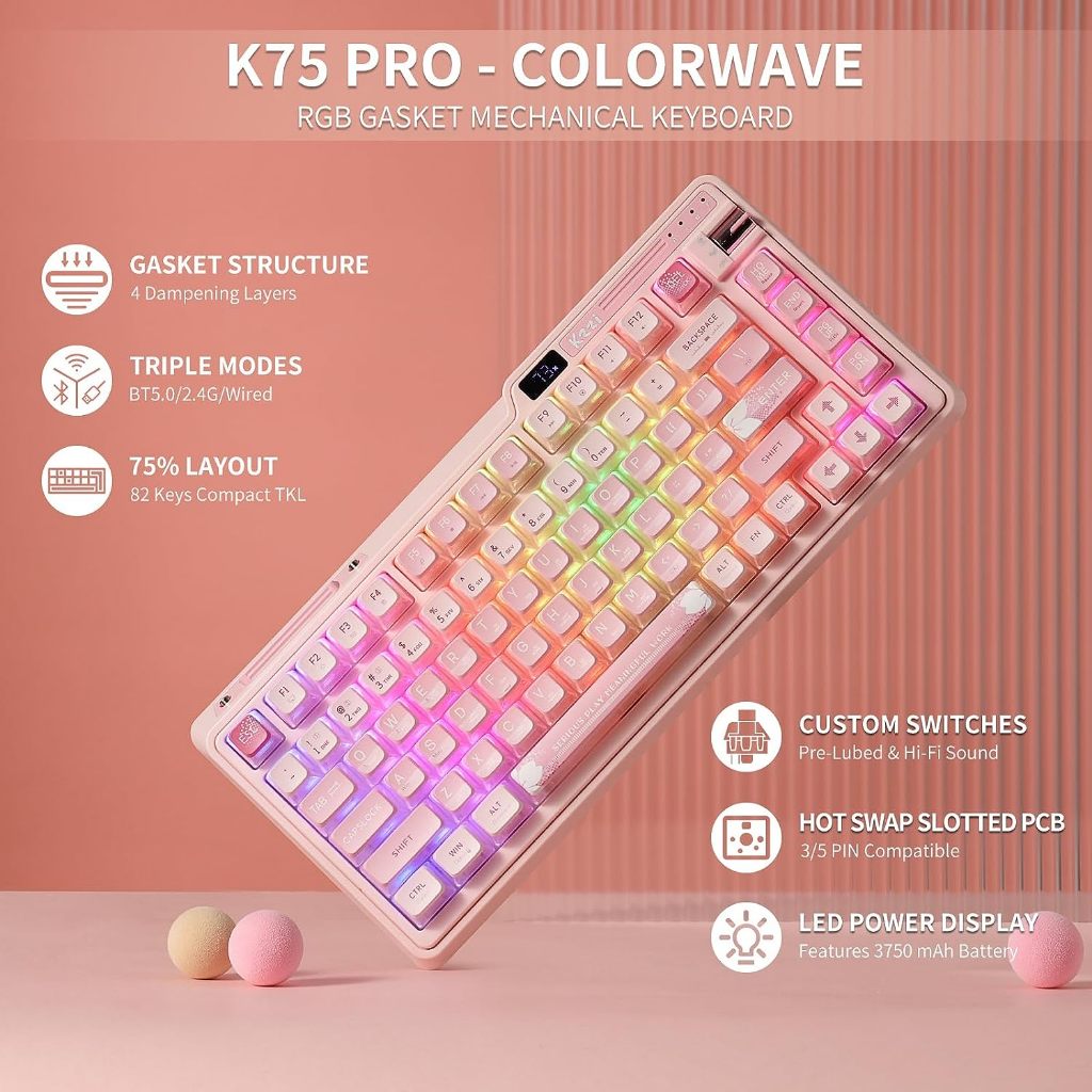 KZZI K75 Pro Wireless Tri-Mode Mechanical Keyboard RGB Gasket Mount Hotswap 75% Keyboard