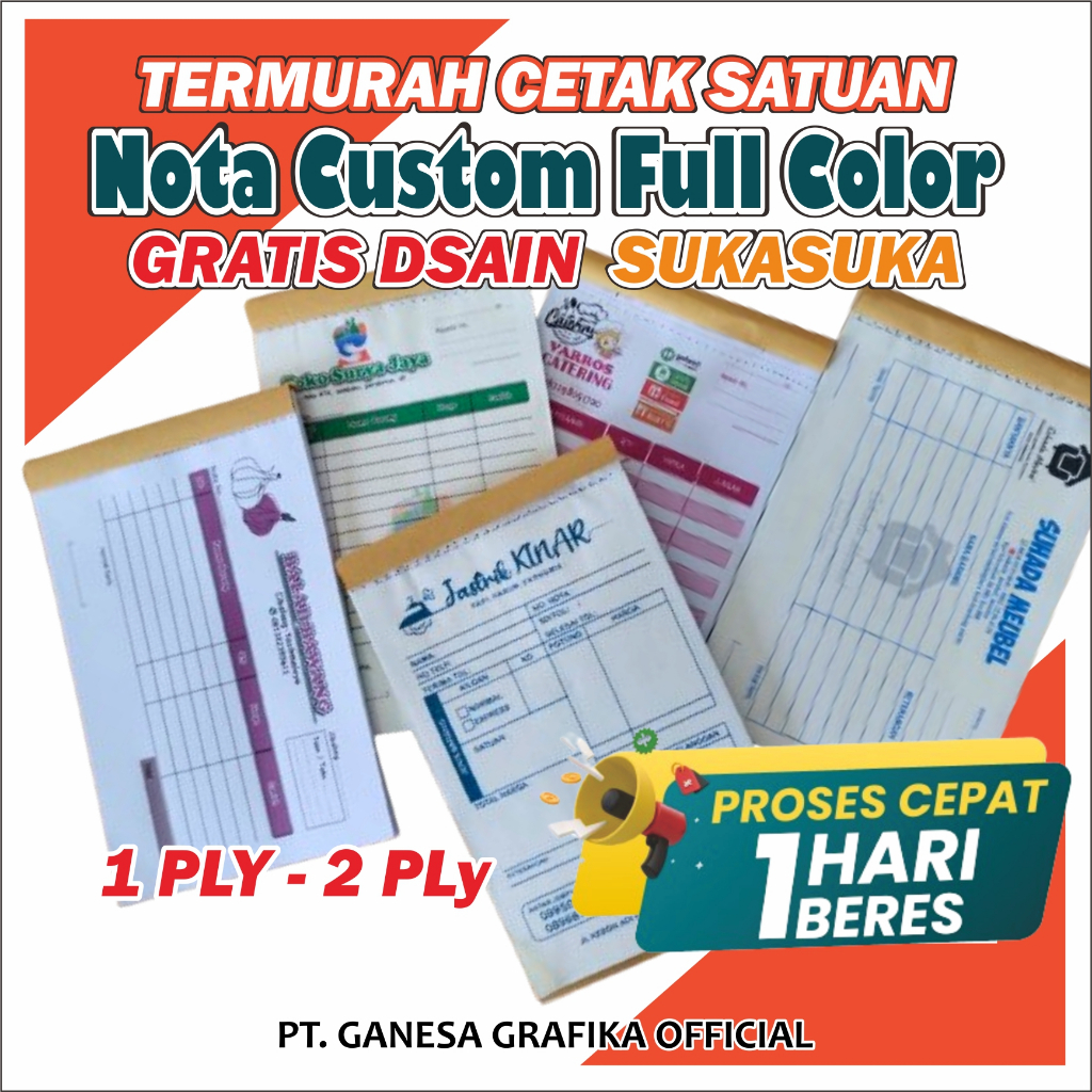 

nota custom 2 ply full color nama usaha toko sendiri ukuran sedang 1/4 polio 10 x 16 cm nota 1 ply