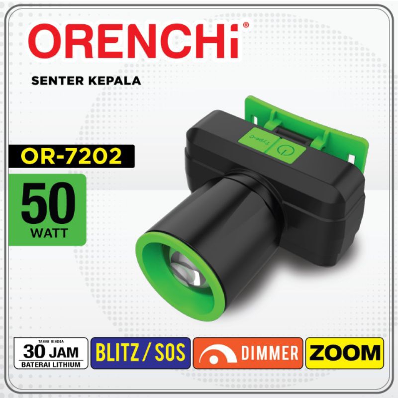 Senter Kepala 50 watt Original Orenchi Fokus zoom Qr7202 Cahaya Putih