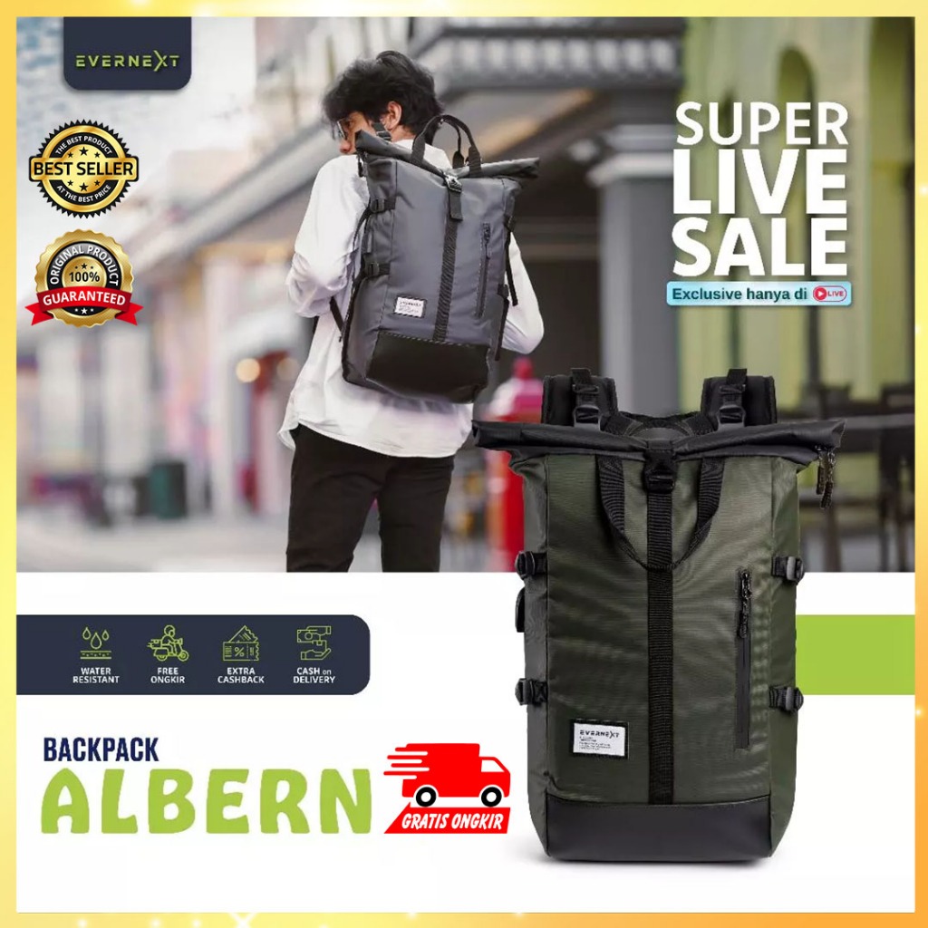 BACKPACK ALBERN - EVERNEXT | Tas Ransel Pria Waterproof Tas Sekolah Tas Kerja Fit Laptop 15"