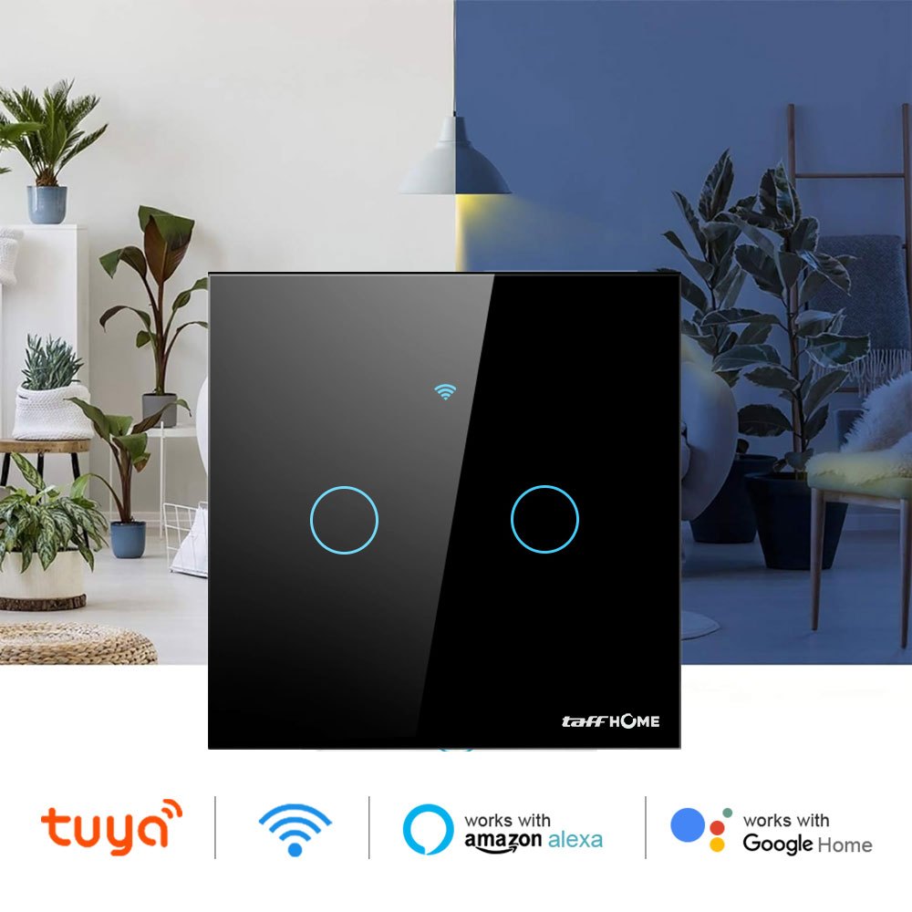 Saklar Lampu Wireless WiFi RF taffhome Smart Home Switch Tuya Alexa Google Home 2 Gang - TH86 HITAM