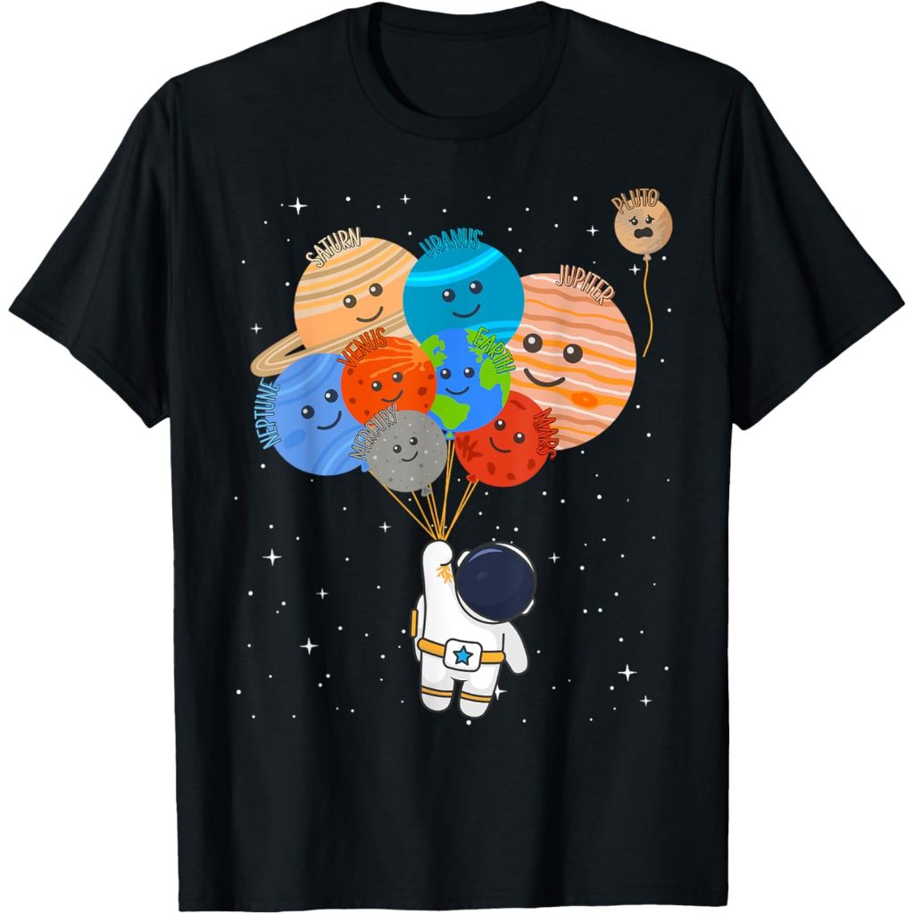 Baju Kaos Anak Funny Solar System Astronaut Holding Planet Balloons Pluto T-Shirt
