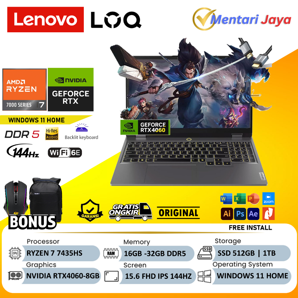 LENOVO LOQ 15 Ryzen 7 7435HS RAM 32GB 1TB SSD RTX4060 8GB IPS 144HZ WIN11 Home LUNA GREY