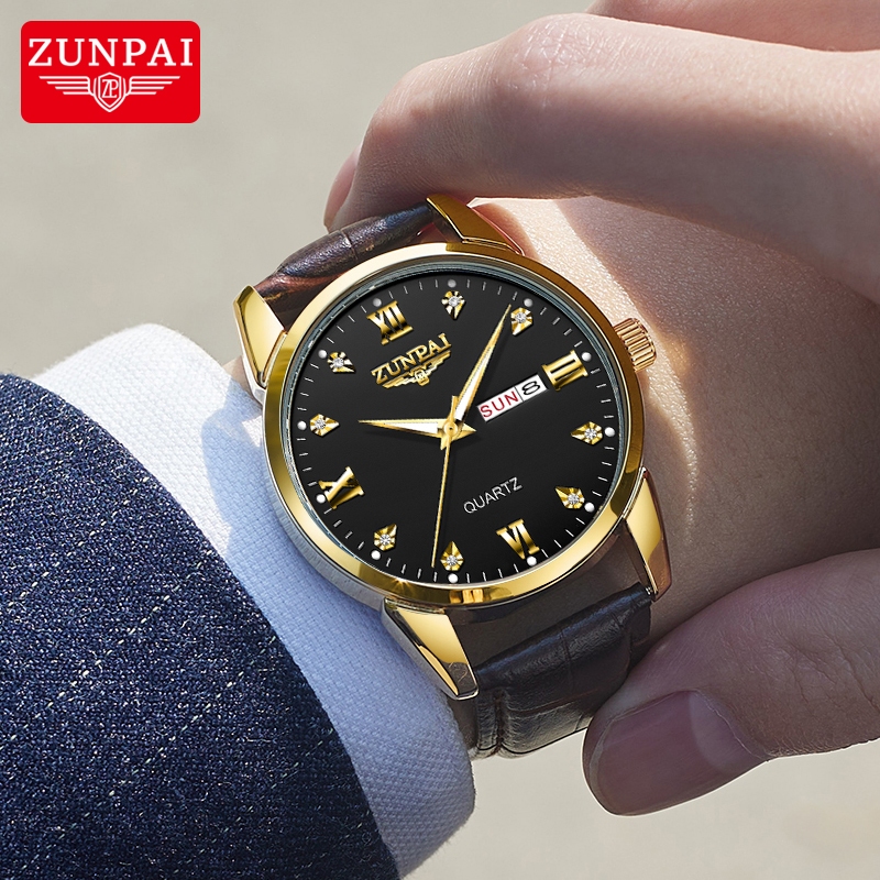 ZUNPAI Jam Tangan Pria Asli Anti Air Kalender Bercahaya Bisnis Baja Tahan Karat Emas Jam Tangan Pria