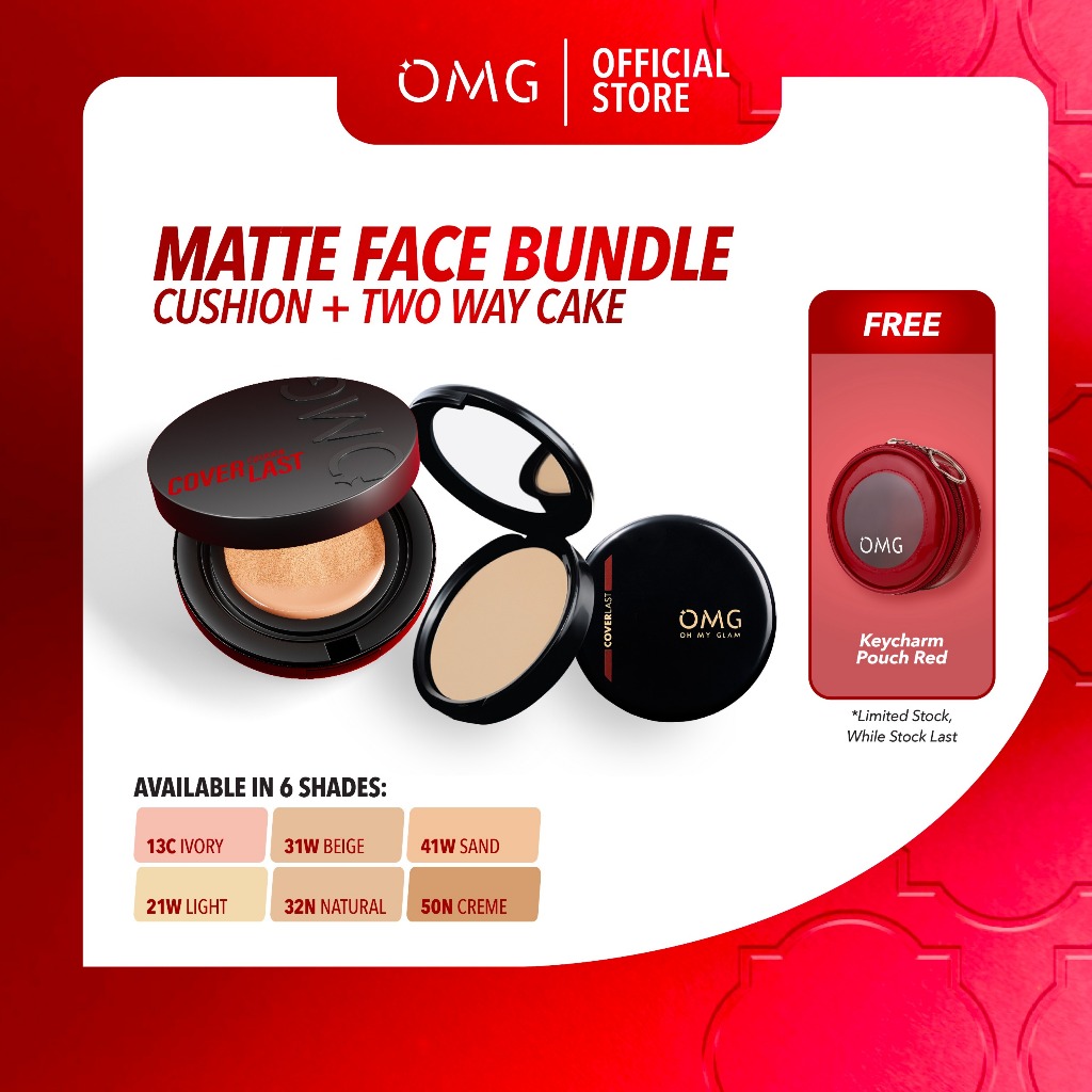 OMG Oh My Glam Glow Matte Face Bundle : Oh My Glam Coverlast Cushion + Two Way Cake - High Coverage 