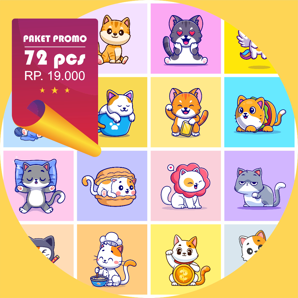 

Paket murah stiker custom gambar kucing lucu 72 pcs bahan chromo