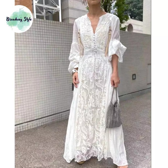 Maxi Long Dress Baju Terusan Wanita Lengan Panjang Putih White Pantai Beach Style Fashion Tropical V