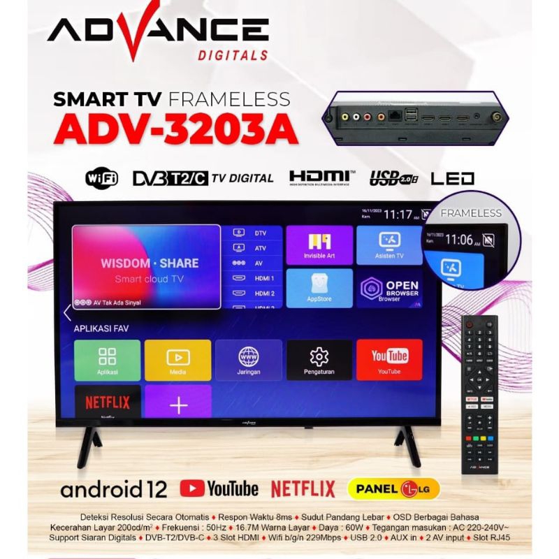 ADVANCE Android Smart TV LED 32 inch HD Frameless Panel LG ADV-3203A