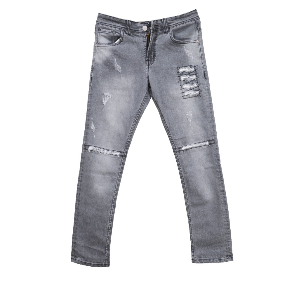CELANA PRIA JEANS ABU STREAK PRIA ROBEK SLIMFIT SOBEK DENIM PREMIUM / CELANA GREY SOBEK