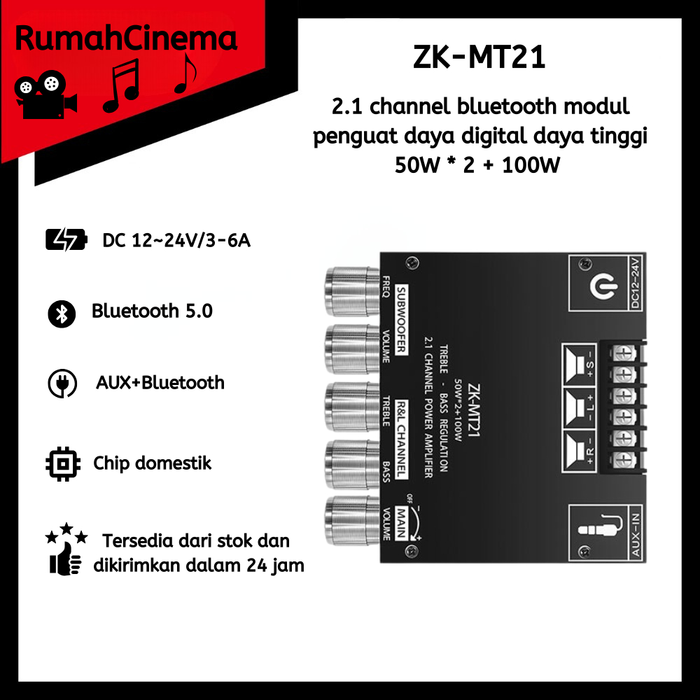 Bluetooth 5.0 Amplifier Class D Hifi Stereo Class D Amplifier 2.1 CH 2x 50W + 100W Original ZK-MT21