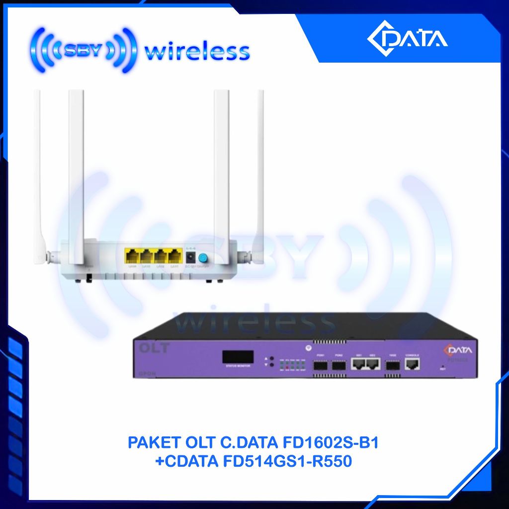 Paket C-data FD1602S-B1 OLT GPON (Non SFP) With FD514GS1-R550 ONT ONU XPON Cdata (OLT 2 PON port 2GE
