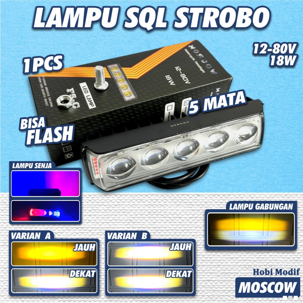 LAMPU LED TEMBAK / SOROT SQL 5 MATA PLUS DEVIL EYE SENJA BIRU MERAH SUPER TERANG 18W PER LAMPU VOLTA