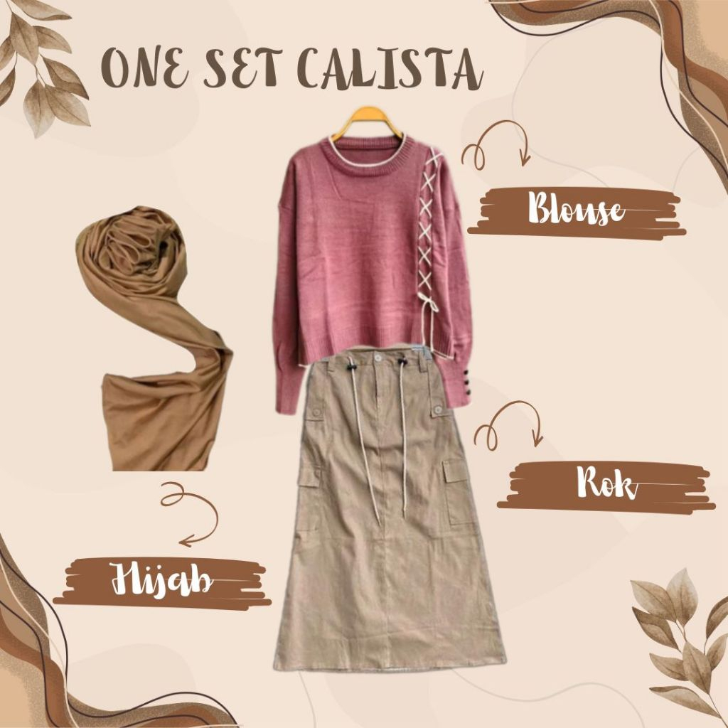 One Set Calista (Blouse - Rok Cargo - Jilbab) Setelan Wanita Korean Style