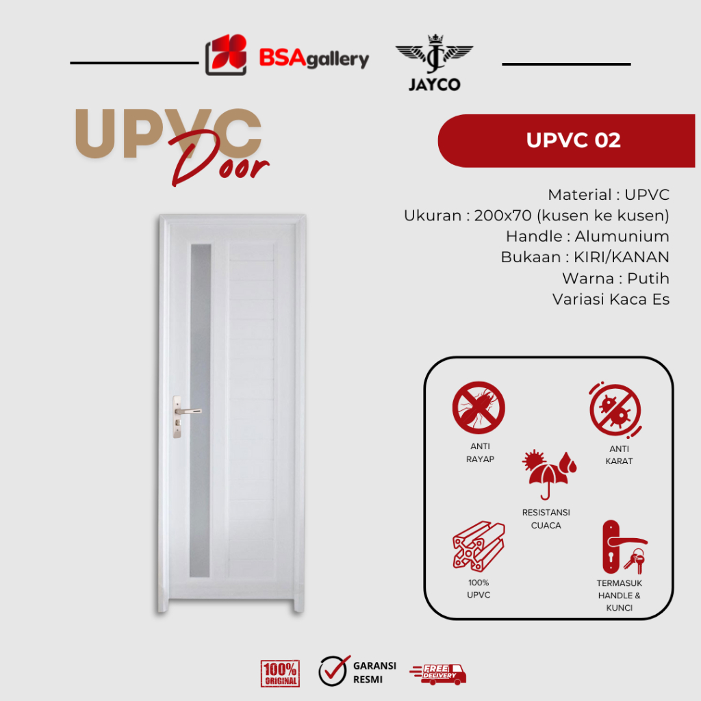 Pintu Kamar Mandi U-PVC Jayco Ukuran 200x70 dengan Kusen dan Handle - UPVC 02 Variasi Kaca samping