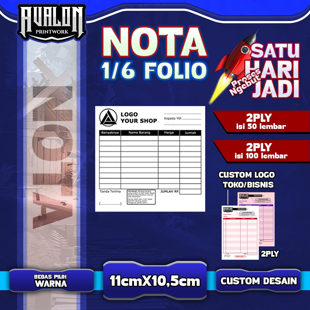 

Nota Custom ukuran 1/6 folio - 2 rangkap 2PLY - 50/100 lembar