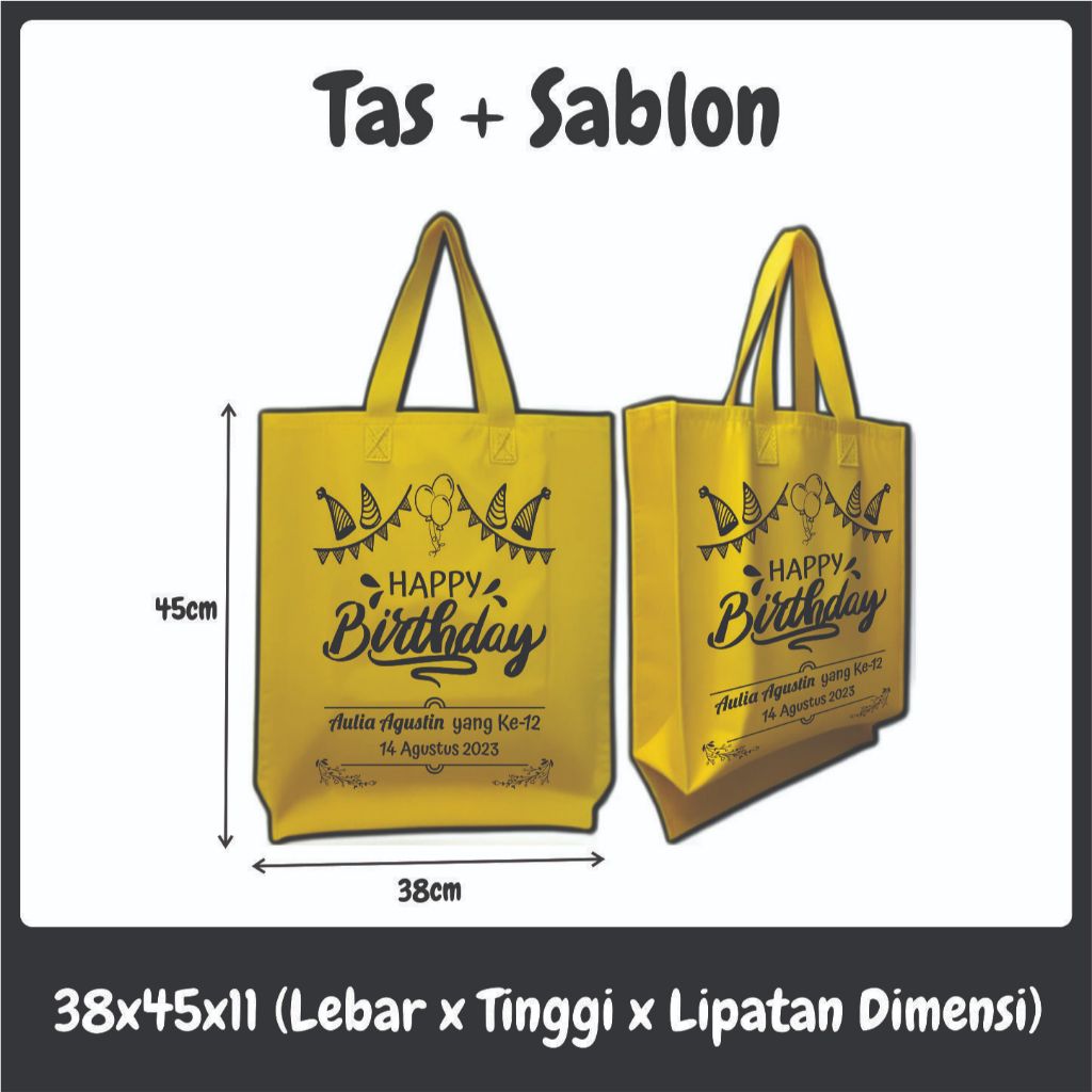 

Tas Spunbond Sablon (Pengerjaan Standar/Xpress) 38x45x11 cm Lipat Samping / Tahlil / Wedding / Khitan / Tasyakuran / Ultah / Event