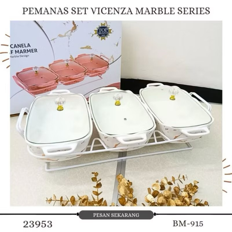 Vicenza BM915 Prasmanan Keramik Set 3 Canela Tutup Kaca Marmer Putih / Hitam / Pink