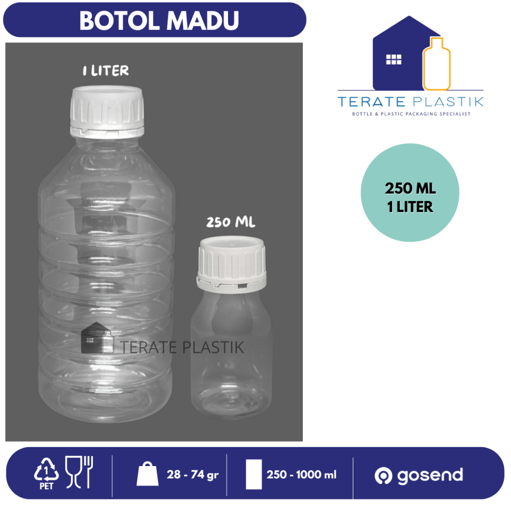 Botol PET Madu 250 ml & 1 Liter Bening & Putih | Free Plug | Terate Plastik Bandung