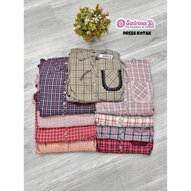 midi dres salvina ys motif kotak kotak saku renda