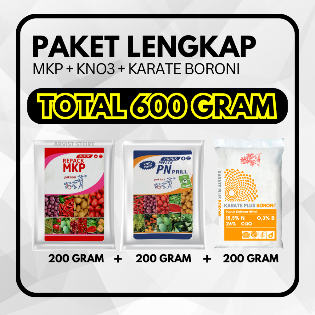 Paket Pupuk MKP + KNO 3 PUTIH + KARATE BORONI + NPK 16/Mutiara Grower Pak Tani Total 600 Gram
