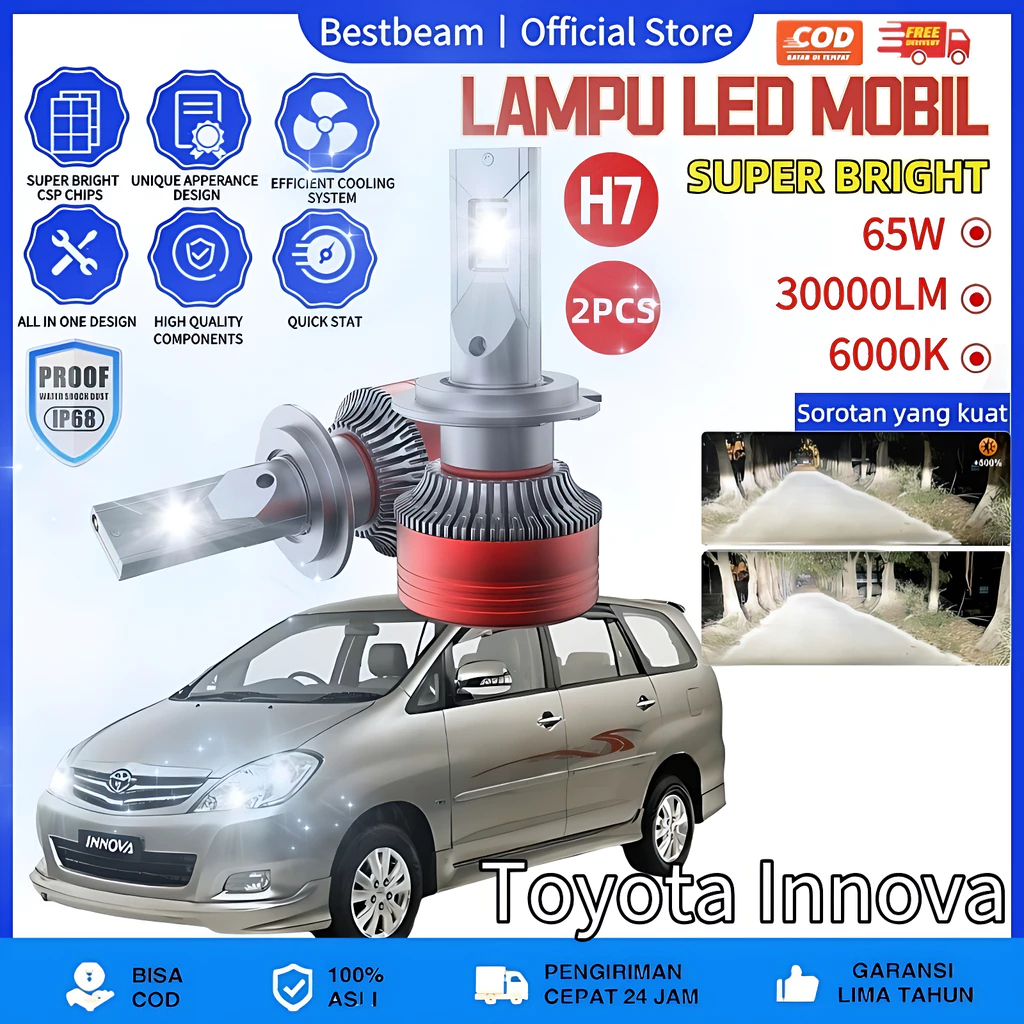 [Toyota Innova] LAMPU LED MOBIL H4 H11 H1 H7 9005 9006 9012 65 WATT 30000LM 6000K SEPASANG LA-7