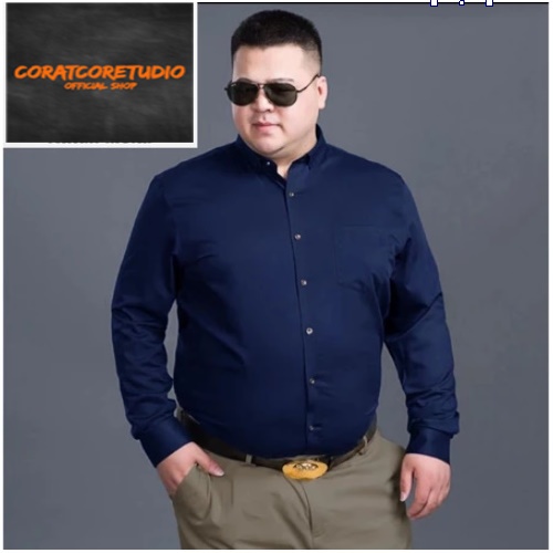 Surabaya Hem Laki Kemeja Pria Reguler Slim Fit Panjang Polos Kancing Kantong Saku BIRU NAVY DONGKER 