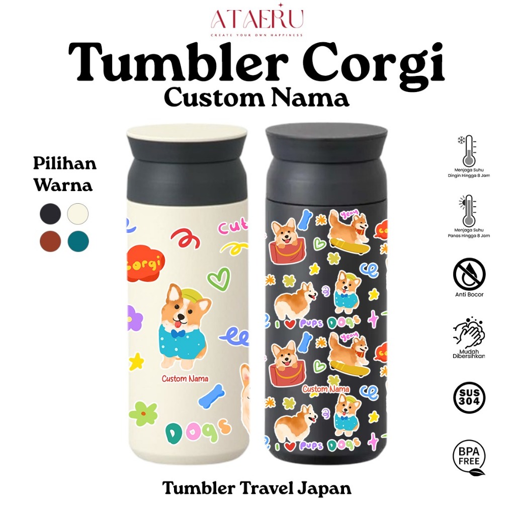 Tumbler Anjing Corgi Custom Nama Botol Anjing Ras Corgi