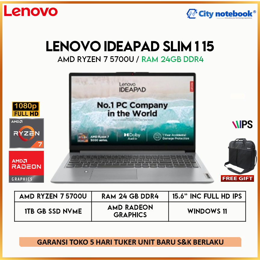 Lenovo Ideapad Slim 1 15 Ryzen 7 5700U 24GB 1TB WIN11 15.6 FHD IPS