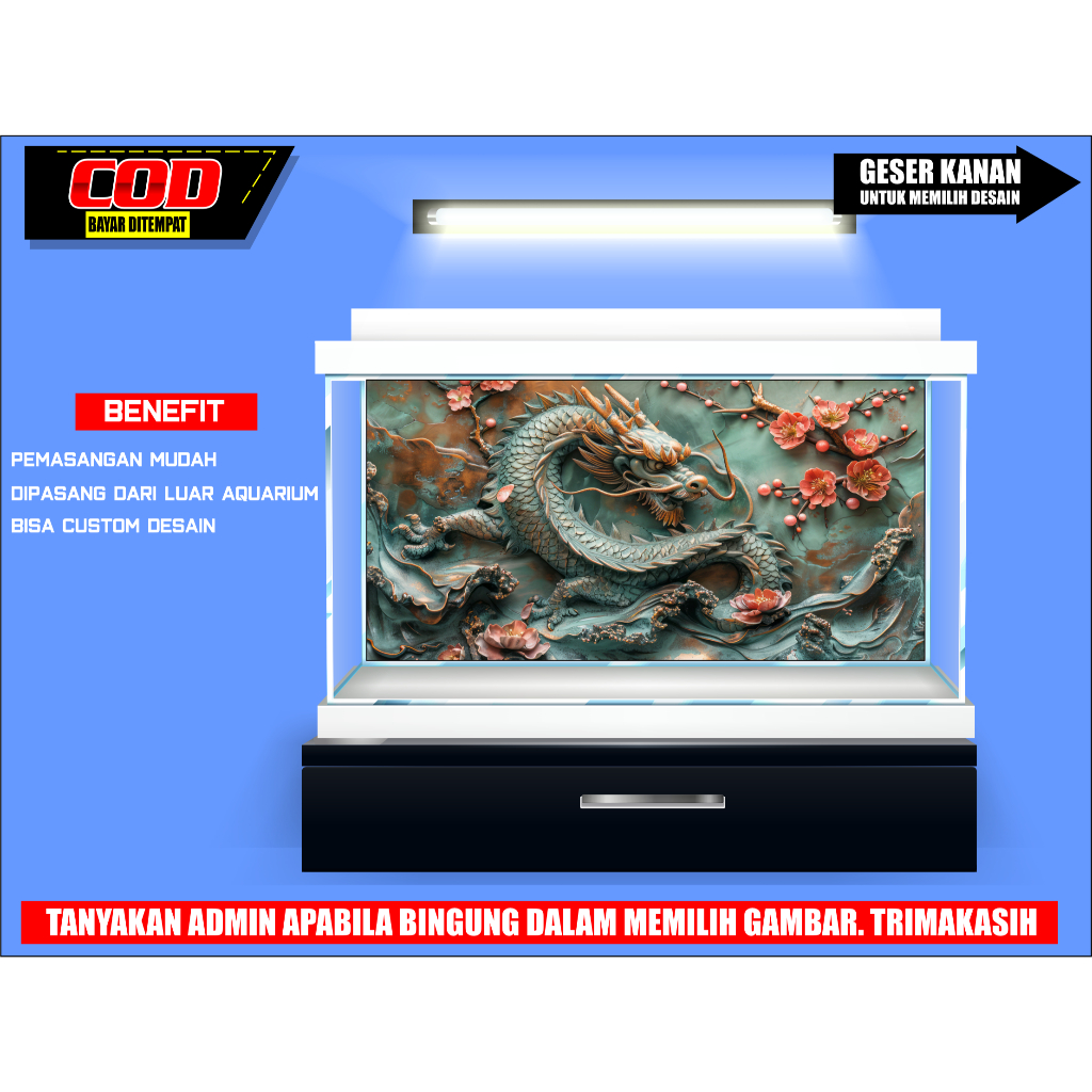 sticker skotlet wallpaper background hiasan aquarium akuarium belakang 3d naga custom