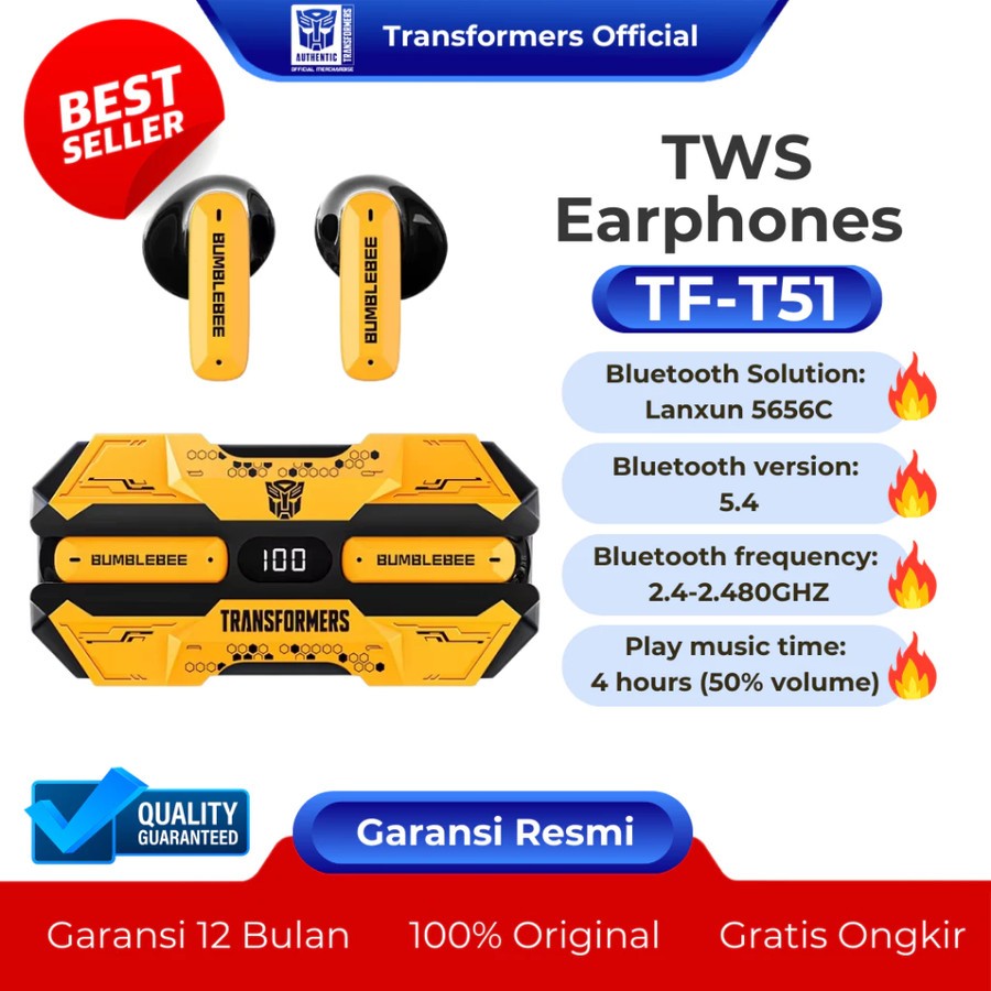 EARPHONE TRANSFORMERS TF-T51 TWS EARBUDS BLUETOOTH 5.4 - HEADSET GAMING - HEADSET WIRELESS - HEADSET