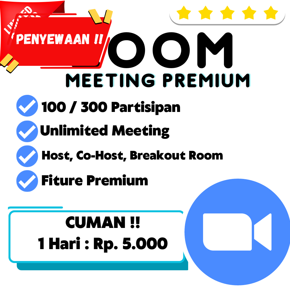 ZOOM Meeting PREMIUM harian Premium Pro Unlimited 100 partisipan 300 partisipan 1 hari minggu bulan 