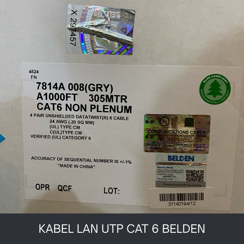 KABEL LAN UTP CAT 6 BELDEN 1 ROLL ORIGINAL