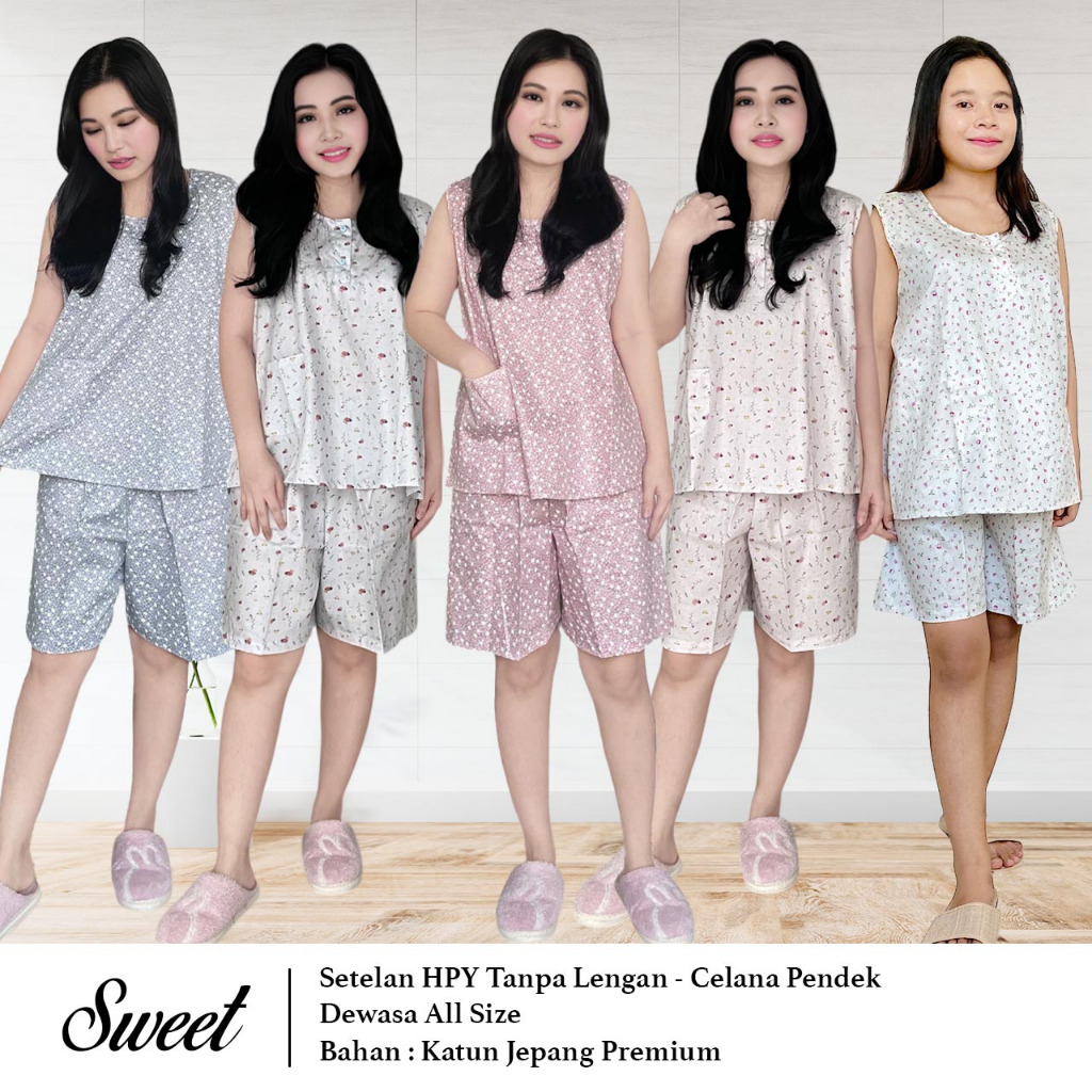 Setelan HPY SWEET Dewasa Singlet Kutung - Celana Pendek All Size Baju Tidur Katun Jepang Wanita