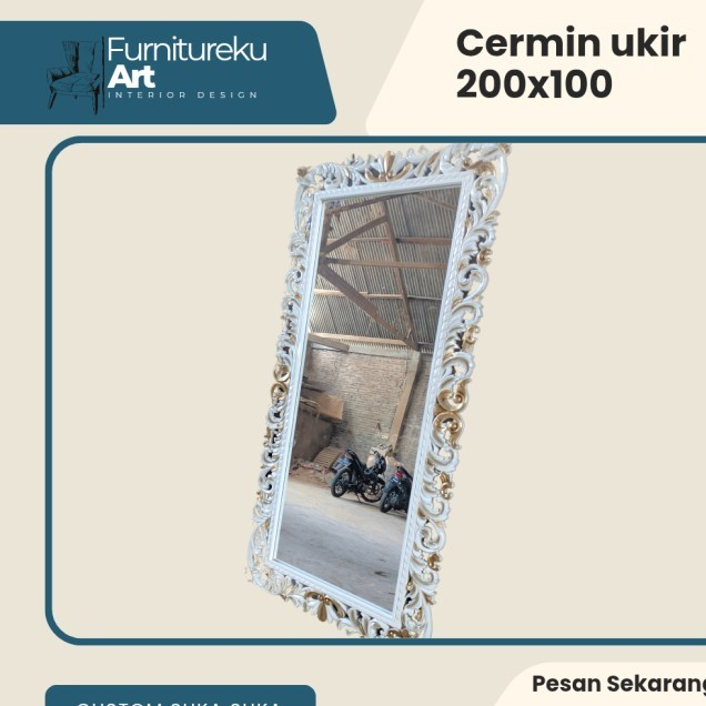 cermin ukir hiasan dinding ruang tamu aesthetic - figura ukir kayu jati cat putih jepara