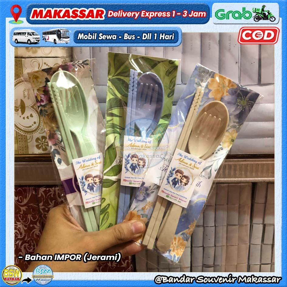 ( isi 50 pcs ) Souvenir Sendok Garpu Sumpit JERAMI IMPOR Set Travel KEMAS ALAS Sovenir Makassar