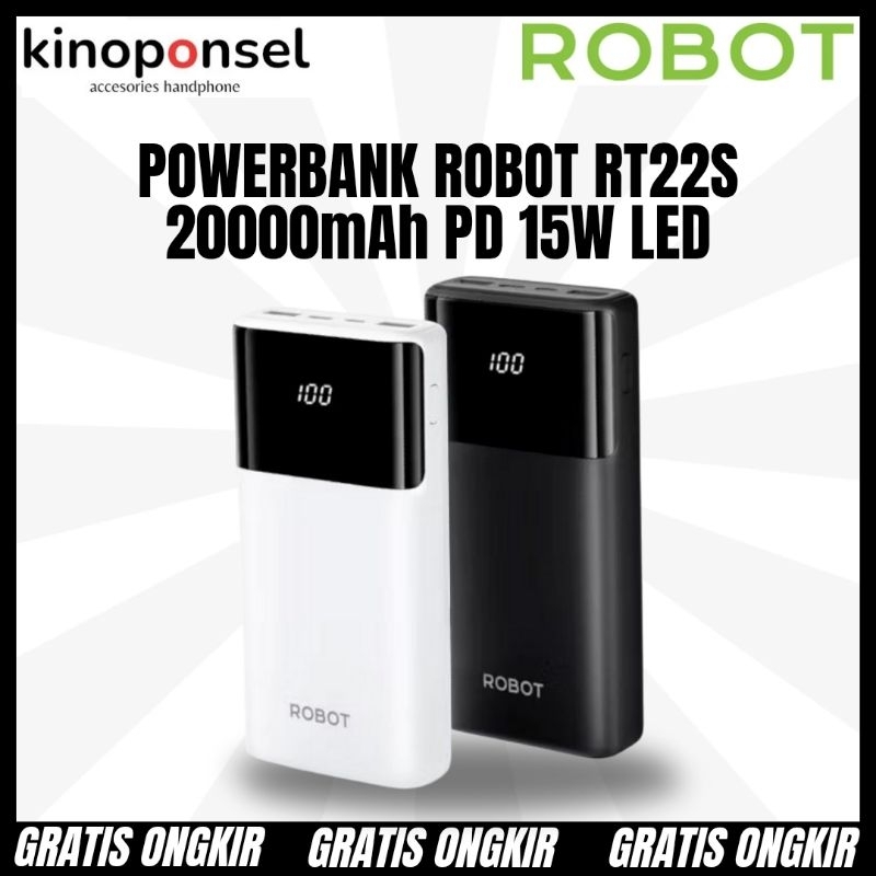Powerbank Robot 20000mAh RT22S PD Quick Charge 15W Digital LED Display | Powerbank Robot Kualitas Ba