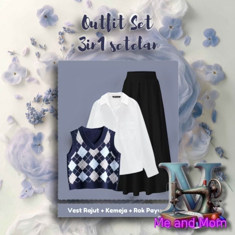 One Set Woman | Korean Style | Vest Rajut+Rok Hitam or Putih+Kemeja Putih | One Set OOTD