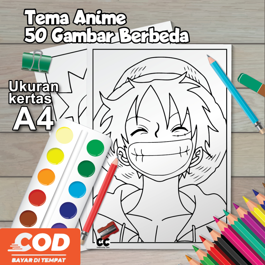 50 Gambar Kertas Mewarnai Anime Ukuran A4 / Tema Anime / One Piece / Naruto