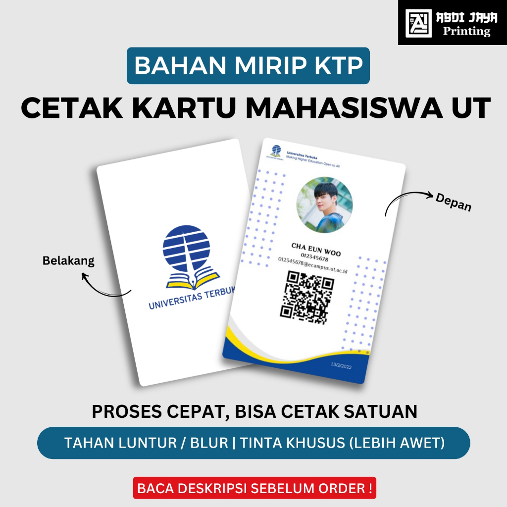 

Cetakk Kartu Mahasiswa UT 1 Hari Jadi Bisa Satuan (Tanpa Minim Order)