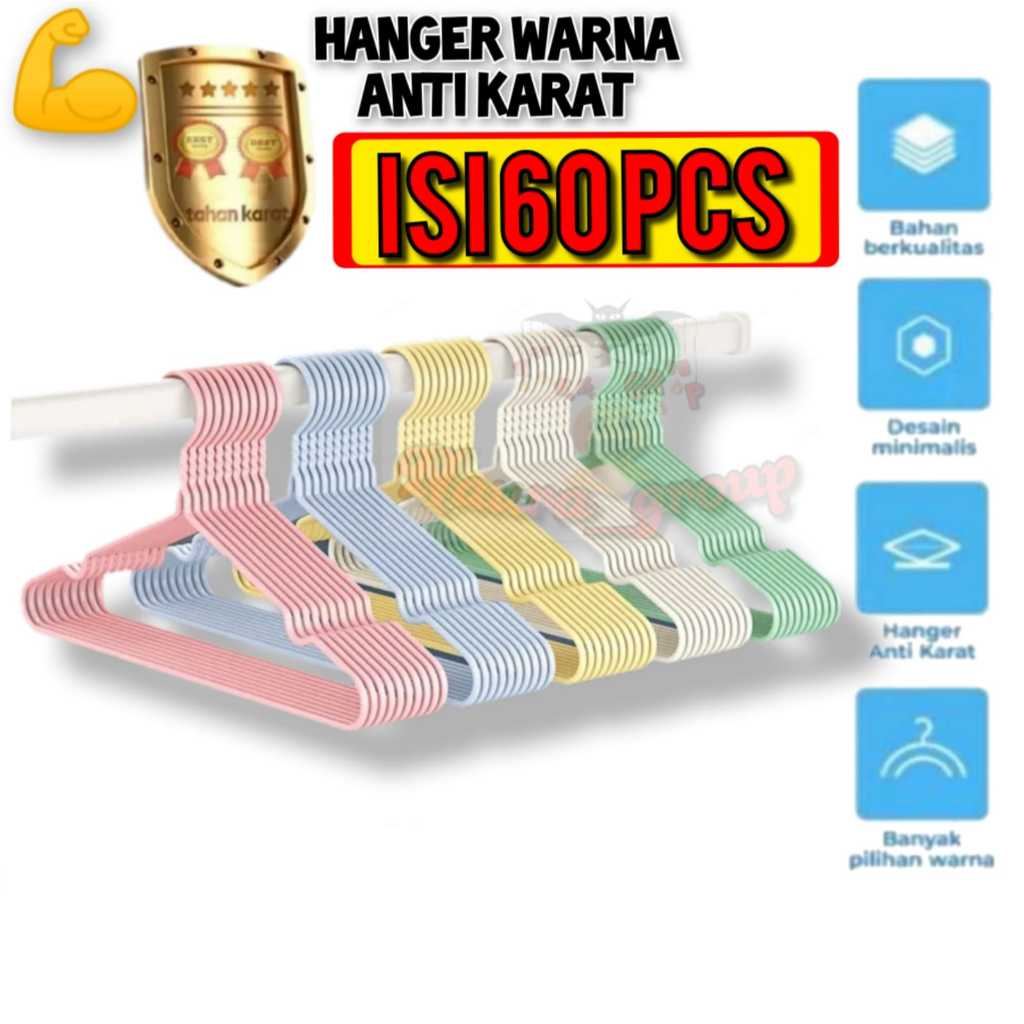 KUAT -  ISI 60 PCS Gantungan Baju Stainlees Steel Hanger Baju Dewasa Anti Karat hanger baju Warna