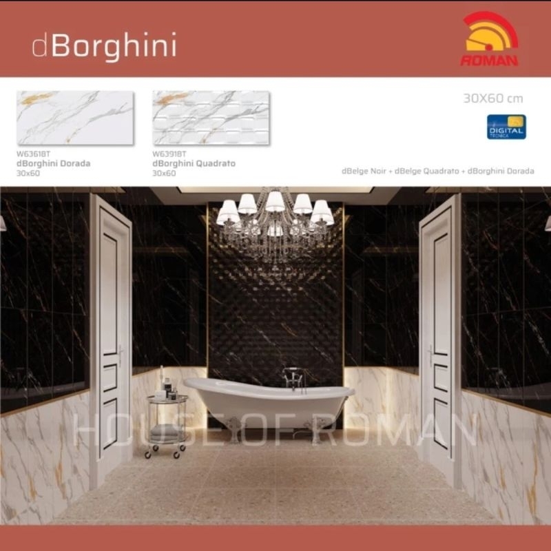 Roman Keramik 30x60 dBorghini Series (Gloss Mood) / Keramik Dinding Kamar Mandi Putih Motif Marmer /