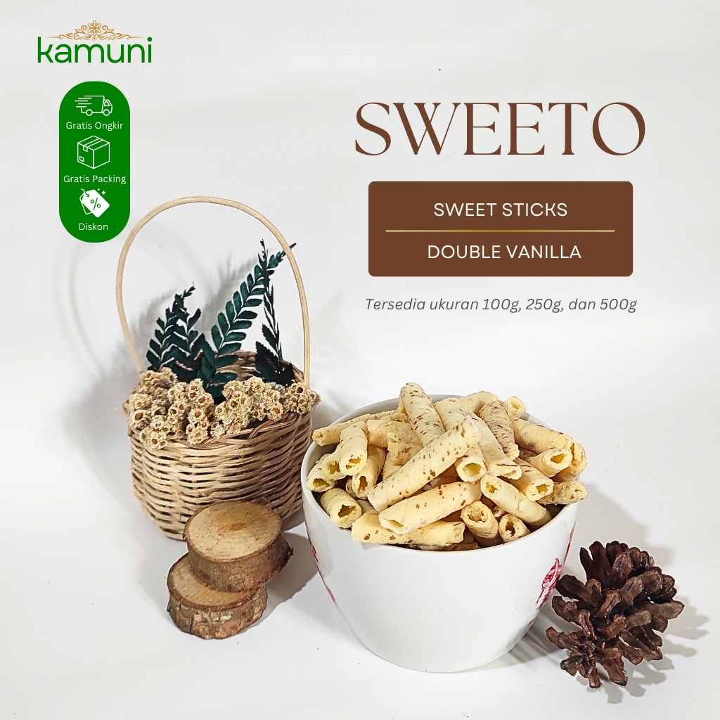 

Sweeto Sweet Stick Double Vanilla 100g – Cemilan Manis Renyah, Tersedia Harga Grosir | KAMUNI Multi Pangan
