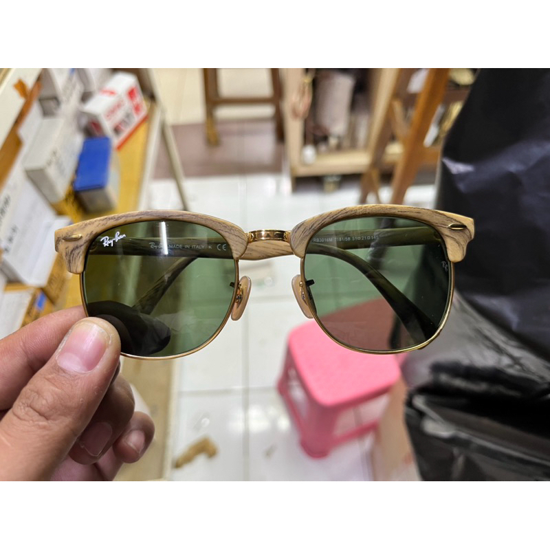KACAMATA RAYBAN CLUBMASTER WOOD MOTIP KAYU LENSA HIJAU BOTOL second ori