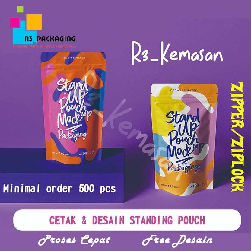 CETAK KEMASAN STANDING POUCH PAKAI ZIPLOCK/ZIPPER CUSTOM WADAH CEMILAN BUNGKUSAN MAKANAN KOPI TEH