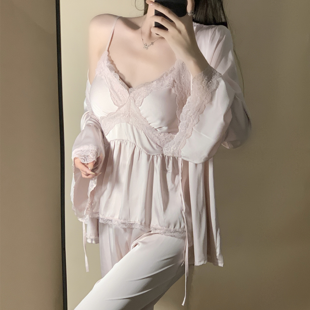 Piyama Wanita Baju Tidur 5078 3in1 Set Tank Top Celana Panjang Kimono Premium Renda Lace Ice Silk