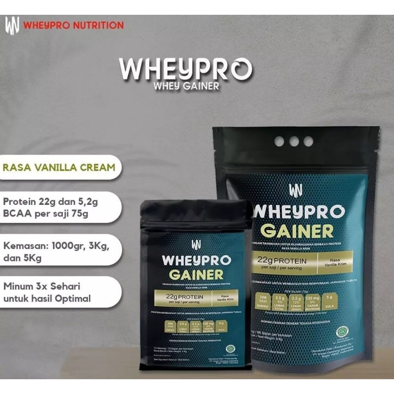 WheyPro Gainer Vanilla 2.2lb/1kg: Suplemen Penambah Berat Badan & Massa Otot, Rasa Vanila, Protein &