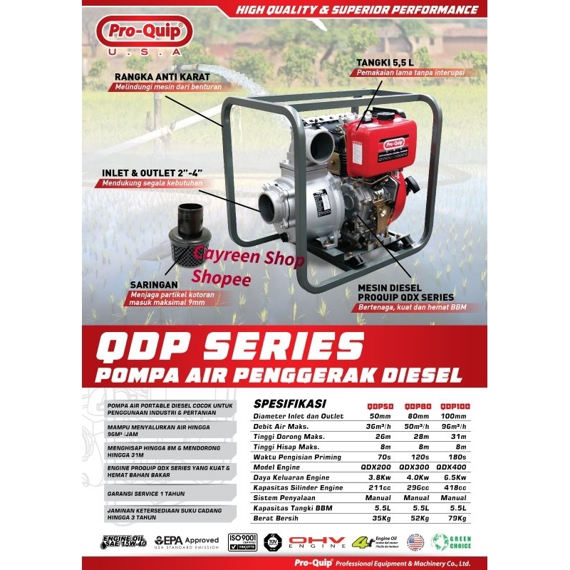 Pompa Alkon Diesel Pro Quip 3 Inch + Pompa Air Sawah Diesel Pro Quip QDP 80 + Water Pump Solar Pro Q
