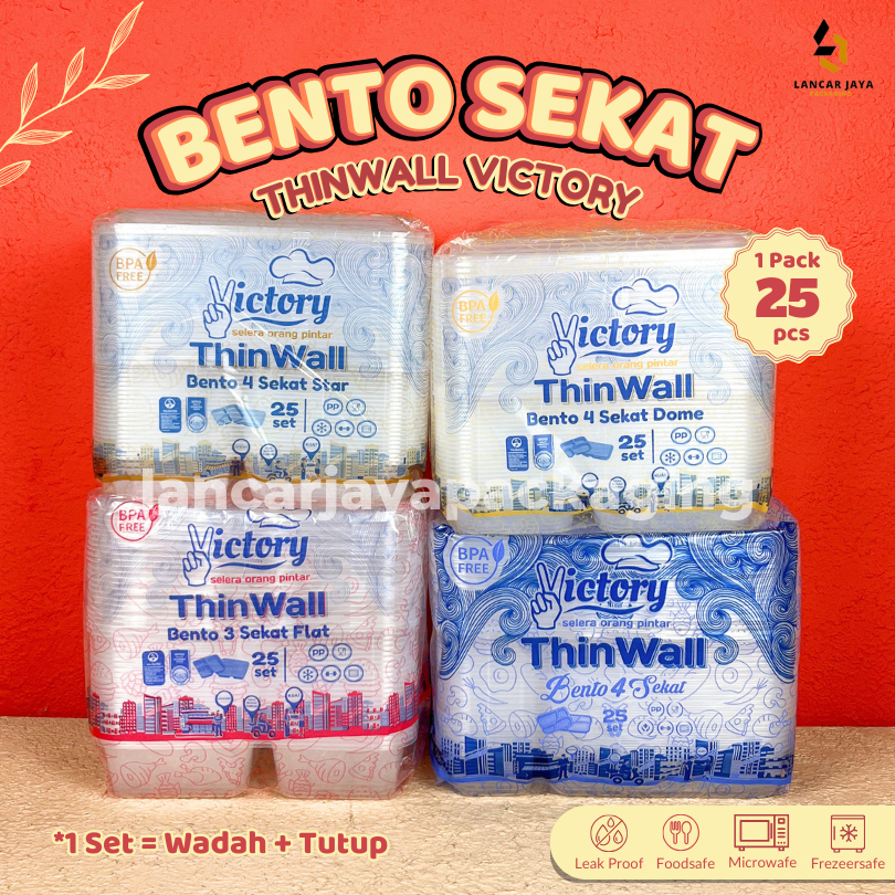 [25 PCS] Thinwall Bento Sekat 4 3 Victory Flat Dome Star Kotak Makan Plastik Catering Kemasan Take A